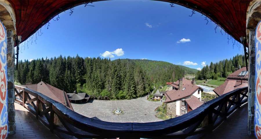 View of the Carpathian Mountains from the balcony of the panorama hall, Vezha Vedmezha