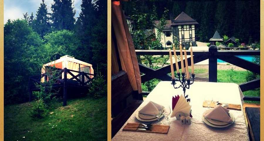Romantic dinner on the open air terrace Vezha Vedmezha, Carpathians